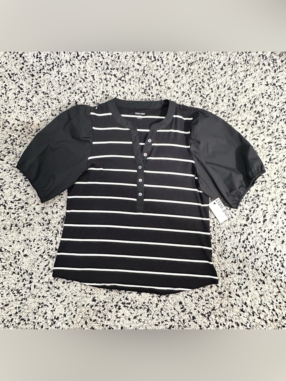Nine West Black & White Striped Puff Sleeve Henley Top